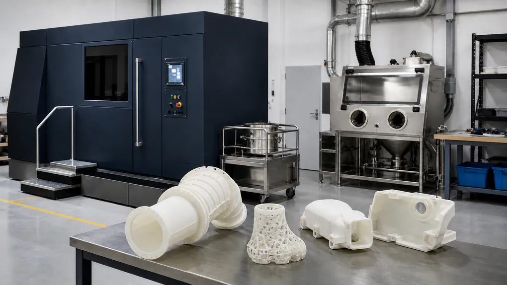 Unbranded industrial polymer SLS machine with powder station and white nylon production parts